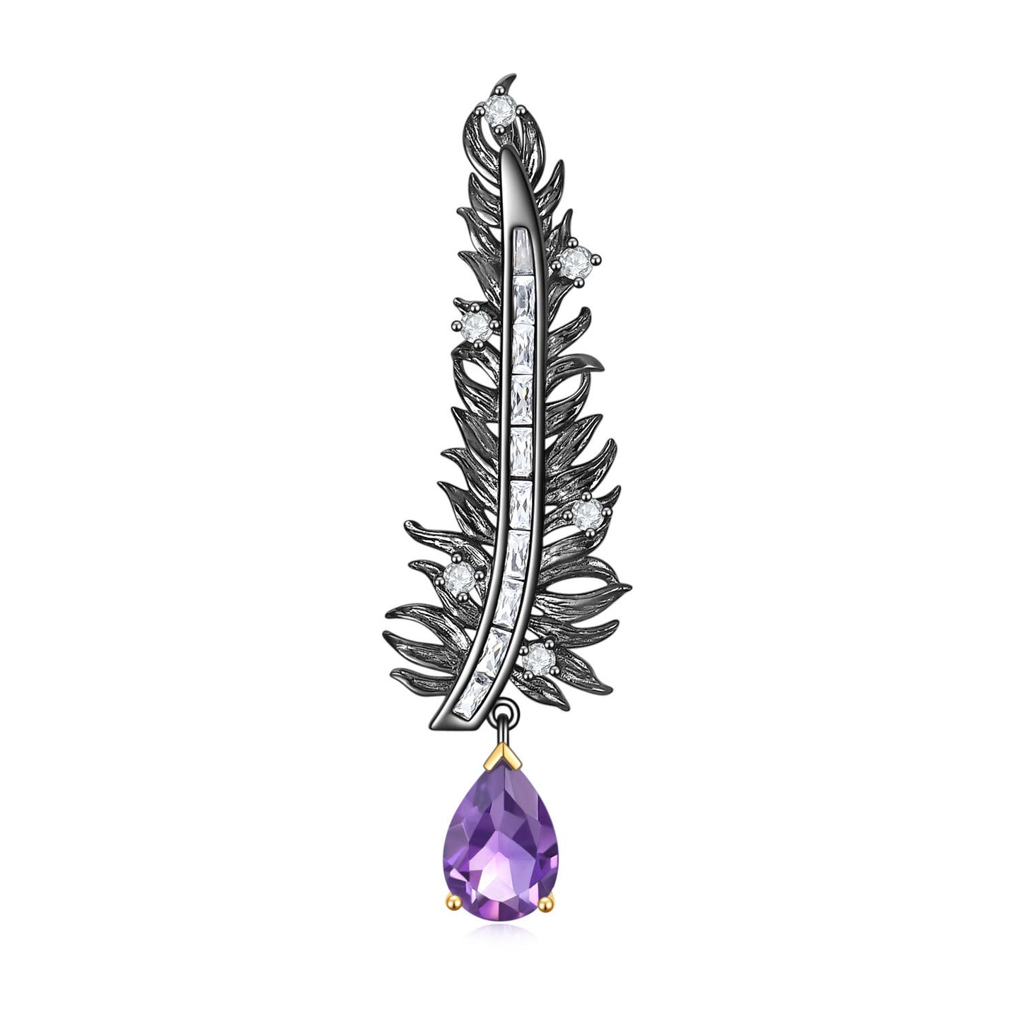 Feather Design Natural Gemstone Brooch s925Silver Inlaid Garnet Brooch Pendant Dual-use Style