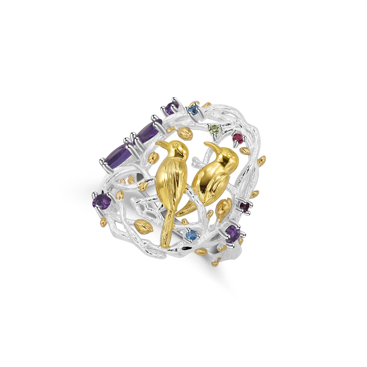 Designer High-End Sense Personality Chinese Style Ring Natural Wind Bird Design s925Silver natural gemstone ring