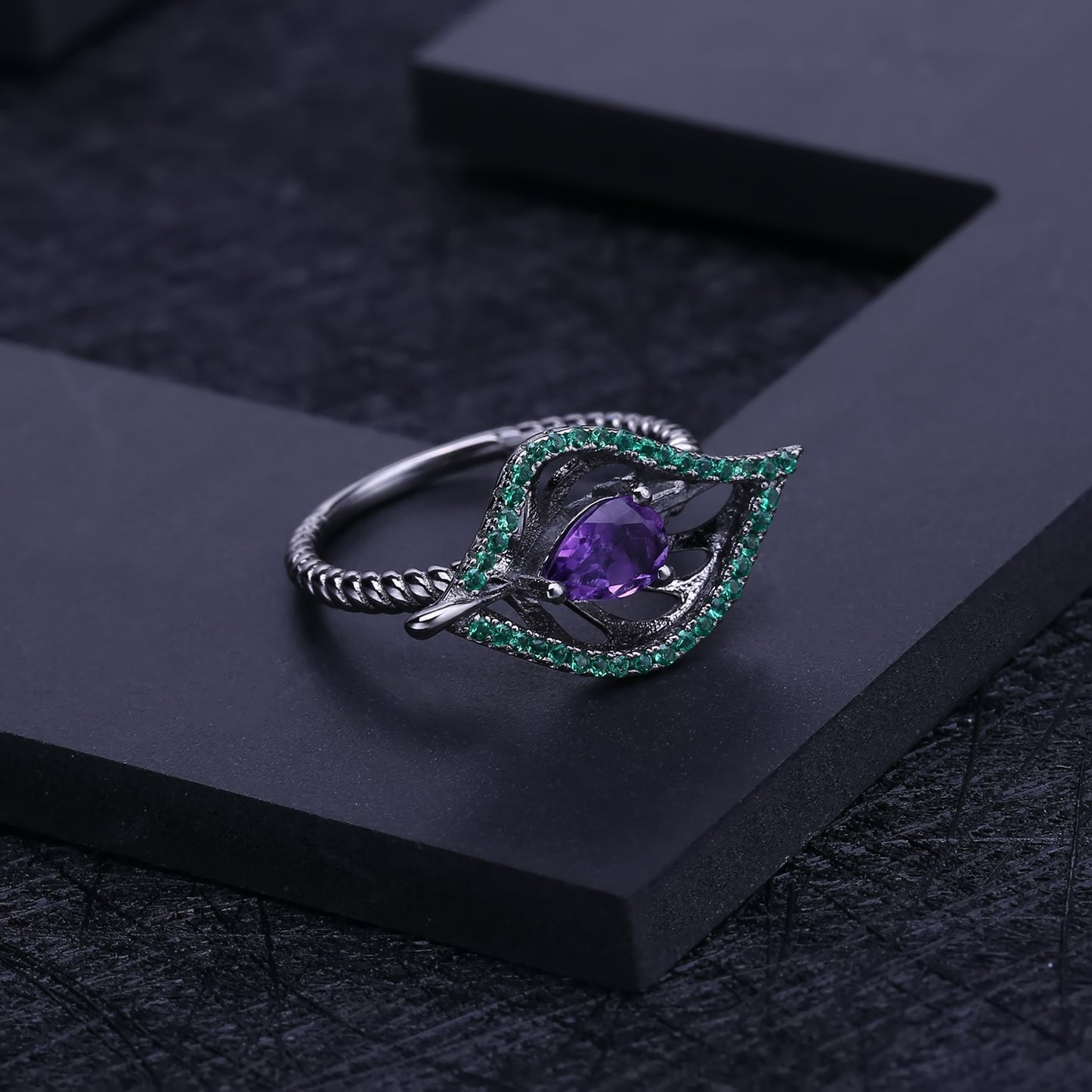 Italian Craft Designer Ring Natural Wind Leaf Design925Silver Inlaid Natural Amethyst Ring