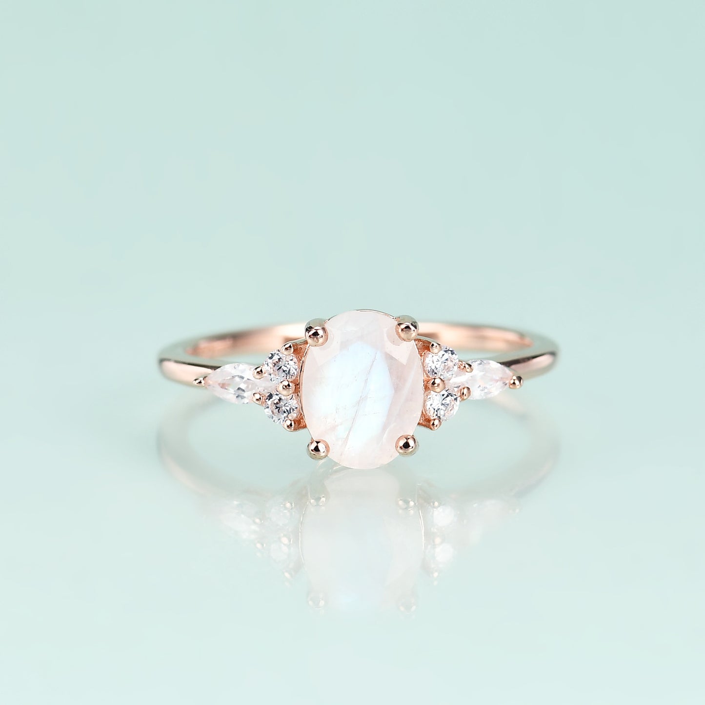 s925Sterling Silver Inlaid Gemstone Natural Moonstone Ring Fashionable Light Luxury High-end Rose Gold Ring