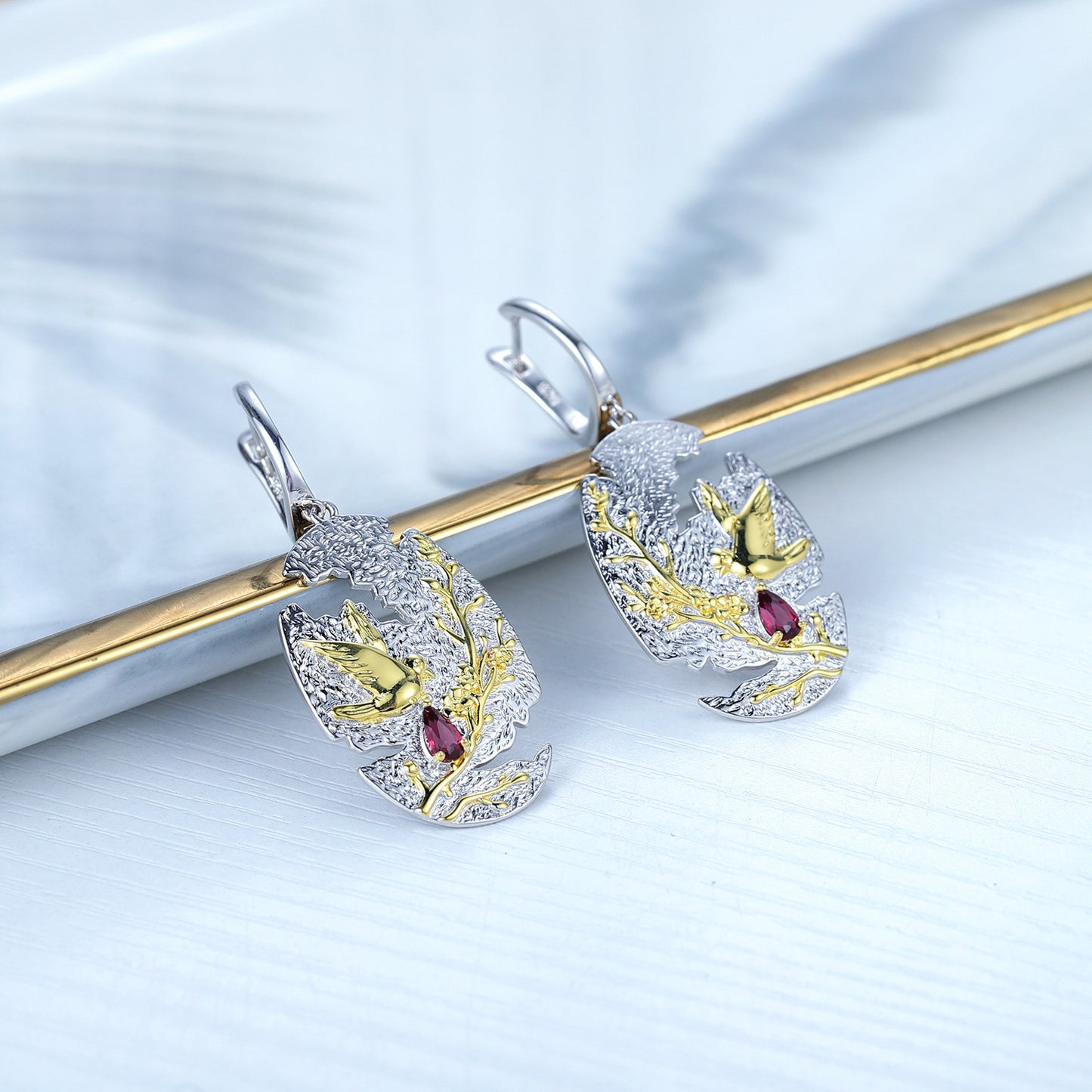 Original Design Niche Unique Earrings925Sterling Silver Gold Plated Leaf Earrings Natural Green Chalcedony Garnet Earrings