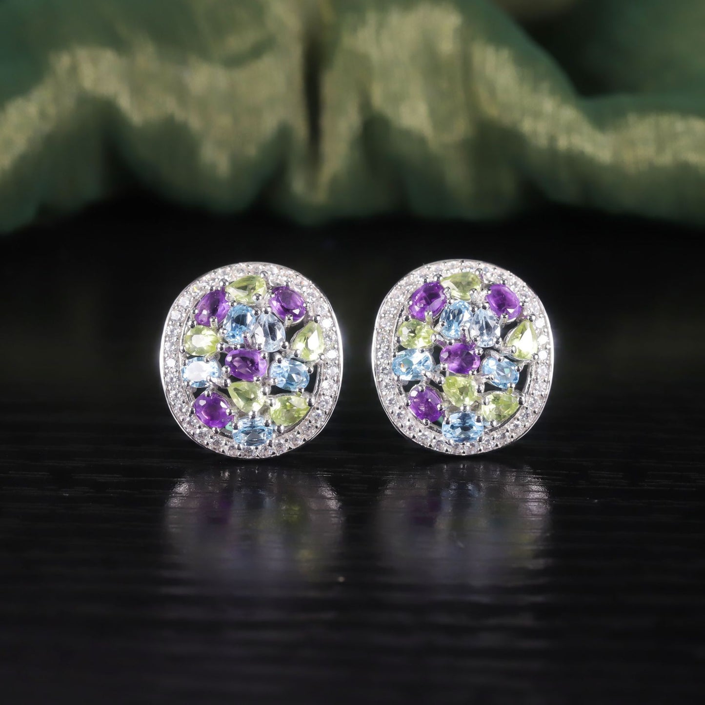 Natural Colorful Gemstone Earrings s925Sterling Silver Inlaid Rainbow Gemstone Peridot Stud Earrings Round Wind Earrings