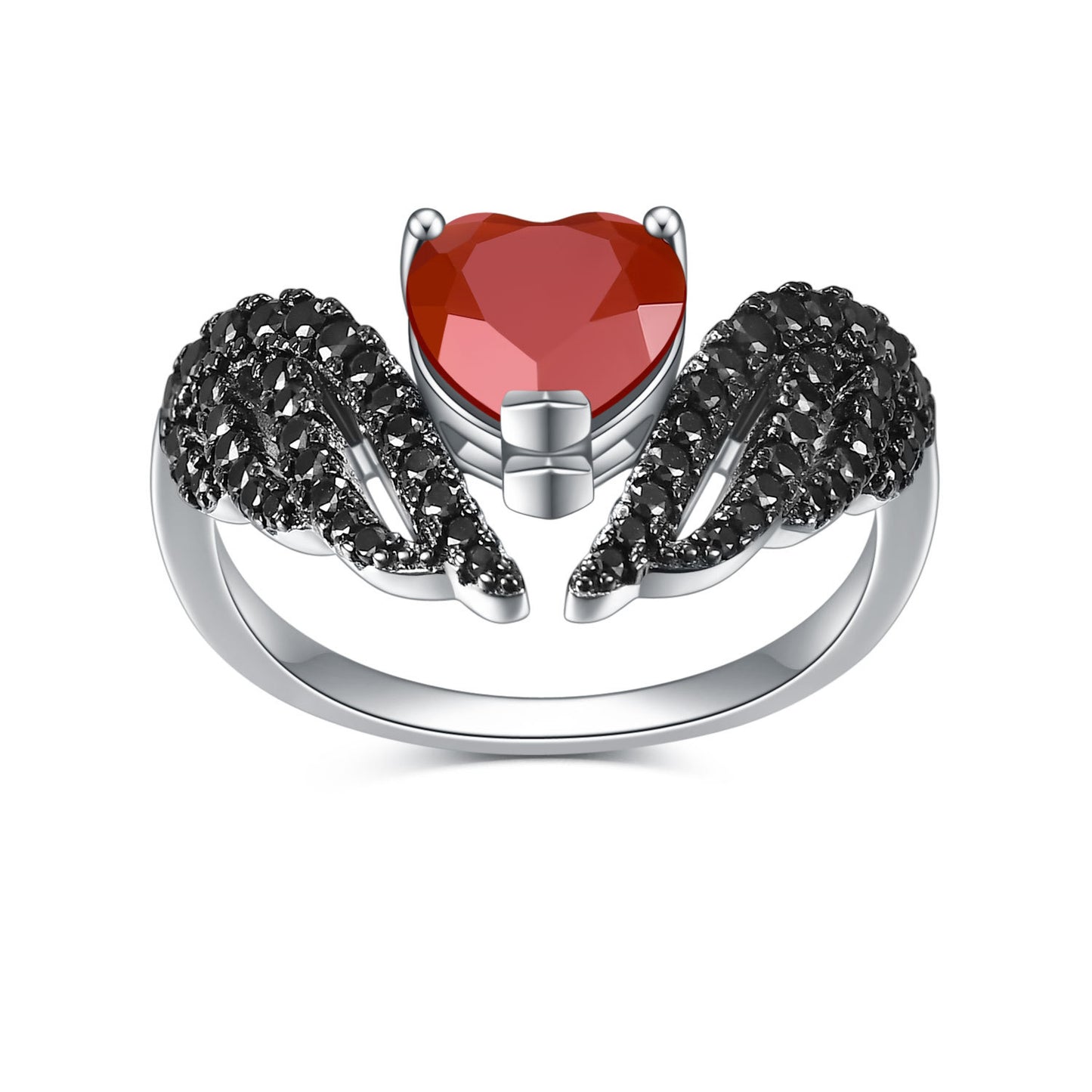 Dark Wings Heart Designer Natural Gemstone Ring s925Sterling Silver Inlaid Garnet Ring