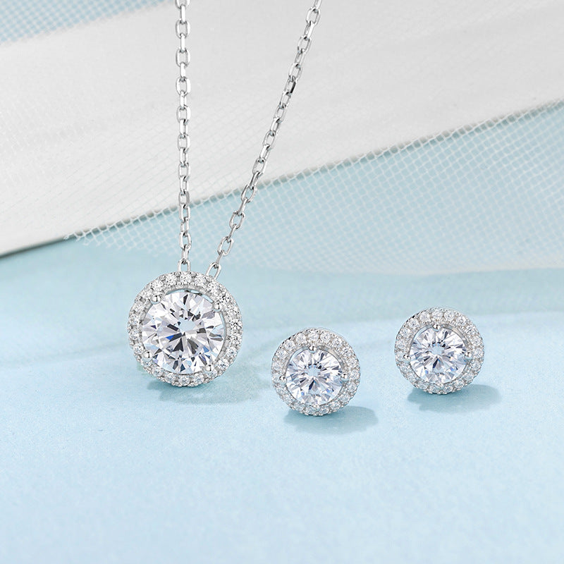 In-stock Fashion Earrings Necklace Set s925Sterling Silver Inlaid D Color1Carat Moissanite Jewelry Set