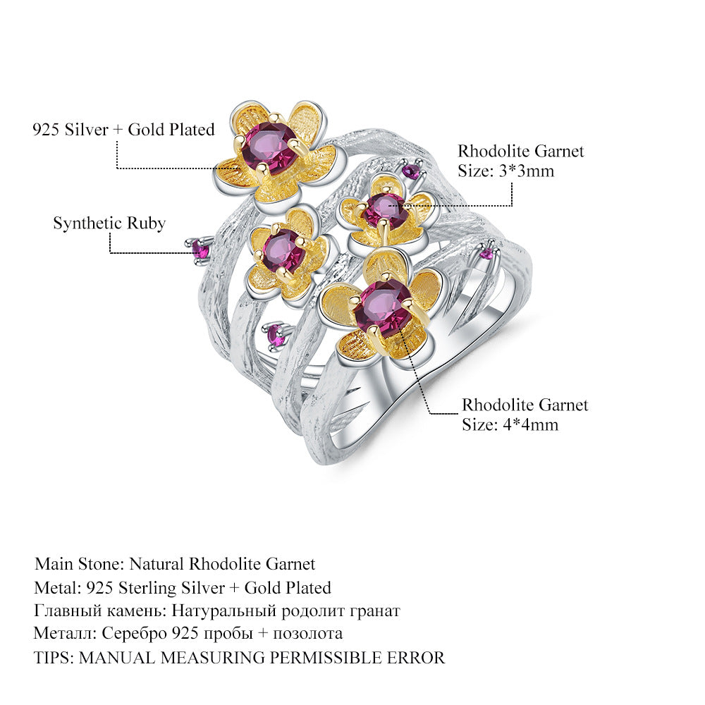 Italian Craft Designer Gemstone Ring Natural Style Floral Design925Silver Natural Topaz Ring