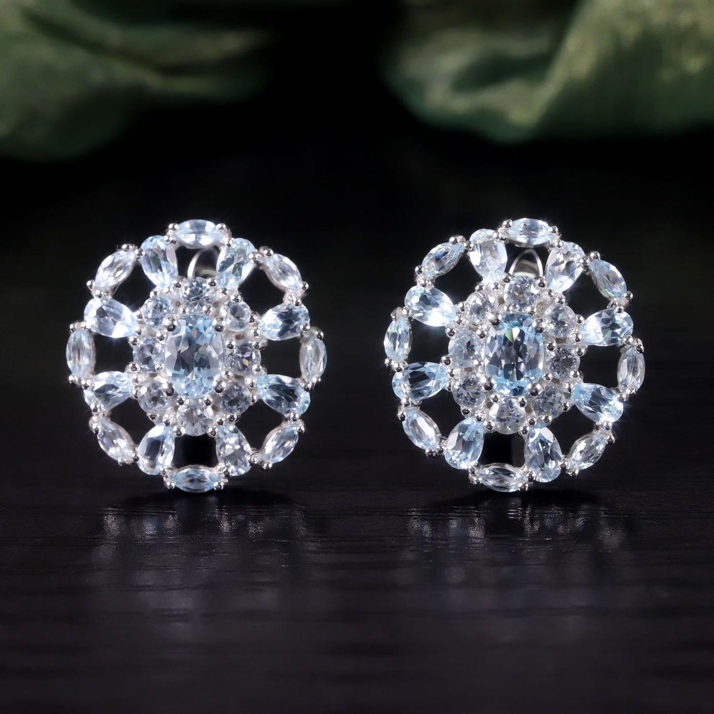 Hollow out ins Natural Topaz Earrings Ring Necklace s925Sterling Silver Light Blue Pendant Jewelry Set