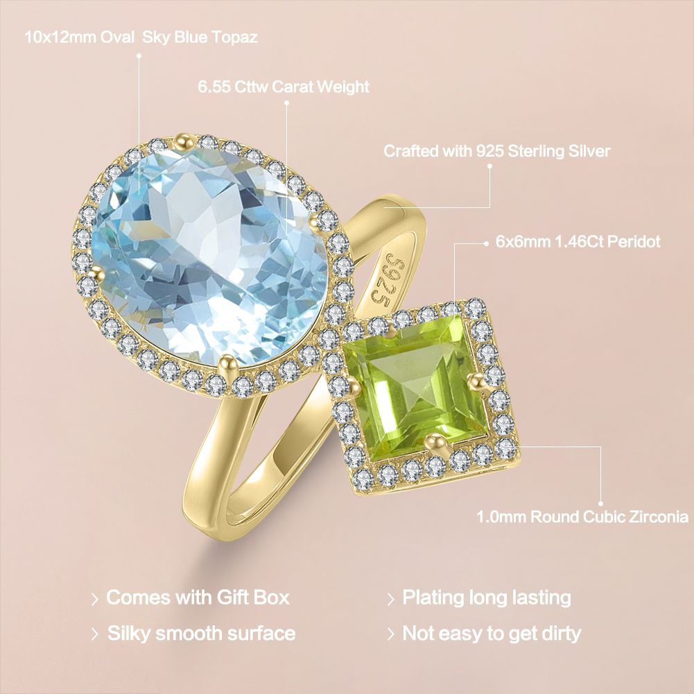 Fresh and Elegant Topaz Ring Moonstone s925Sterling Silver Inlaid Natural Peridot Candy Color Ring New Style