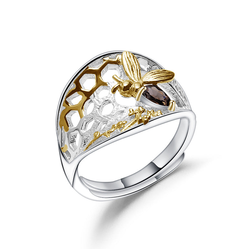 Designer Style Natural Wind Adjustable Open Ring Beehive Design s925Silver natural gemstone ring