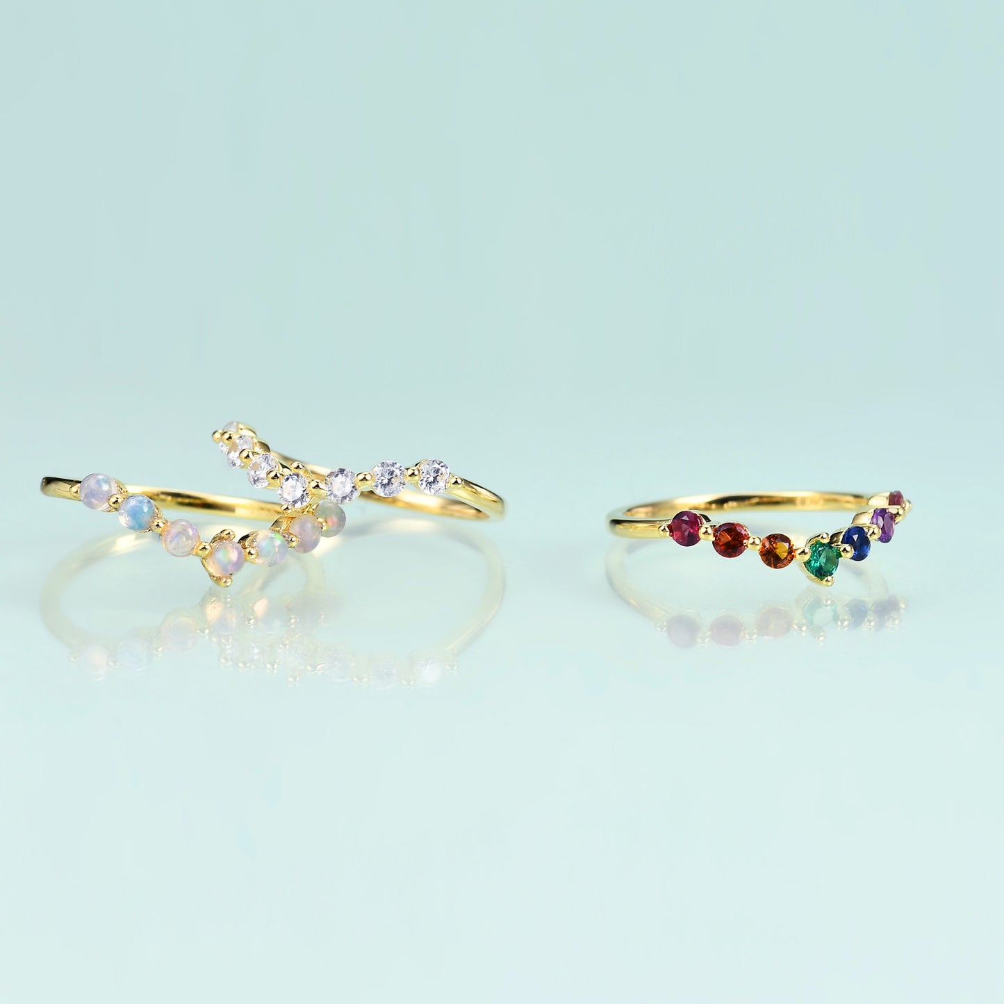 S925Sterling Silver Inlaid Natural Opal Ring Fashionable and Simple Luxury Style V Character Ring Plating14k Gold ring