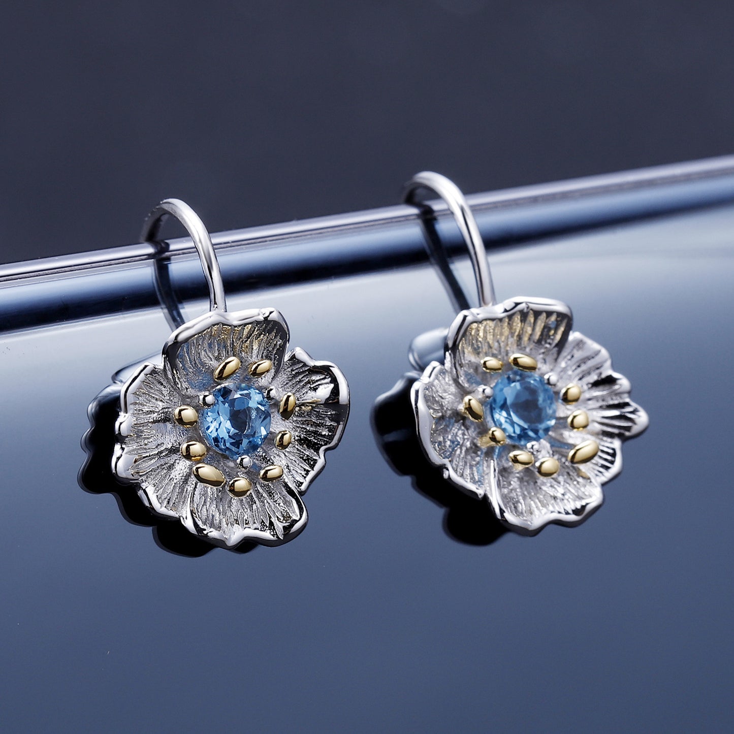 Designer High-End Gemstone Earrings Natural Style Floral Design925Silver Natural Topaz Stud Earrings