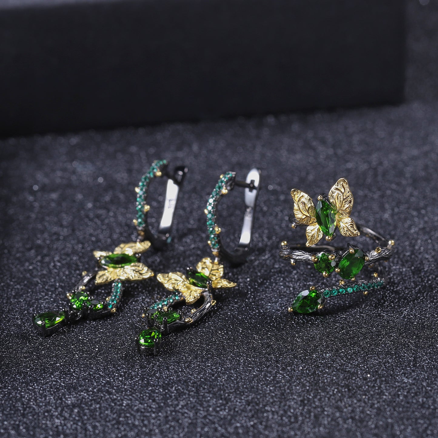 Secret Garden Series Original Design Ring Natural Style Butterfly925Sterling Silver Natural Diopside Ring