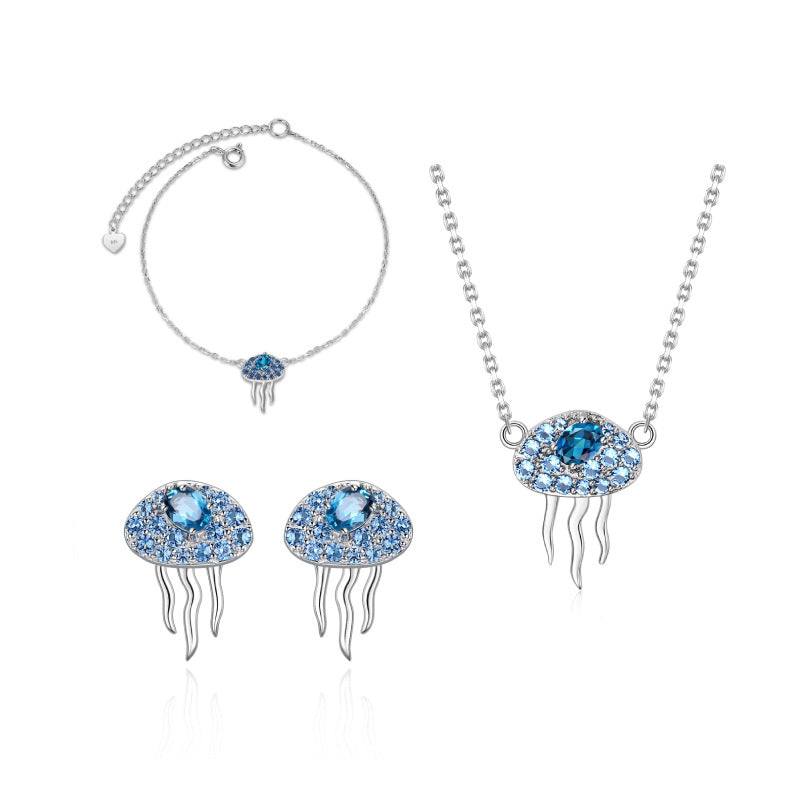 Fashion Designer Jellyfish Necklace s925Silver Inlaid Natural Gemstone Topaz Necklace Pendant