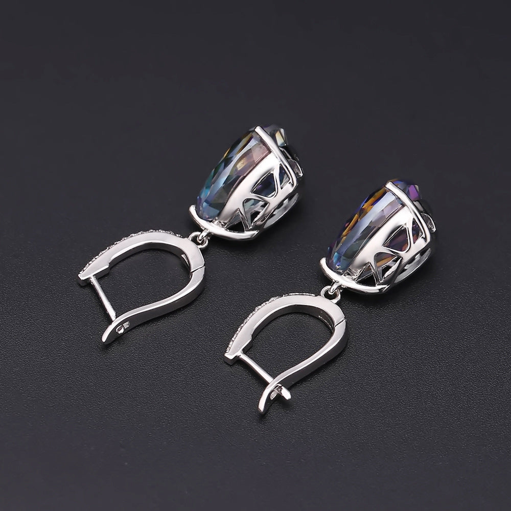 Fashion Style Colorful Gemstone Stud Earrings Water Drop Pear Shape Coated Crystal s925Silver Earrings Jewelry
