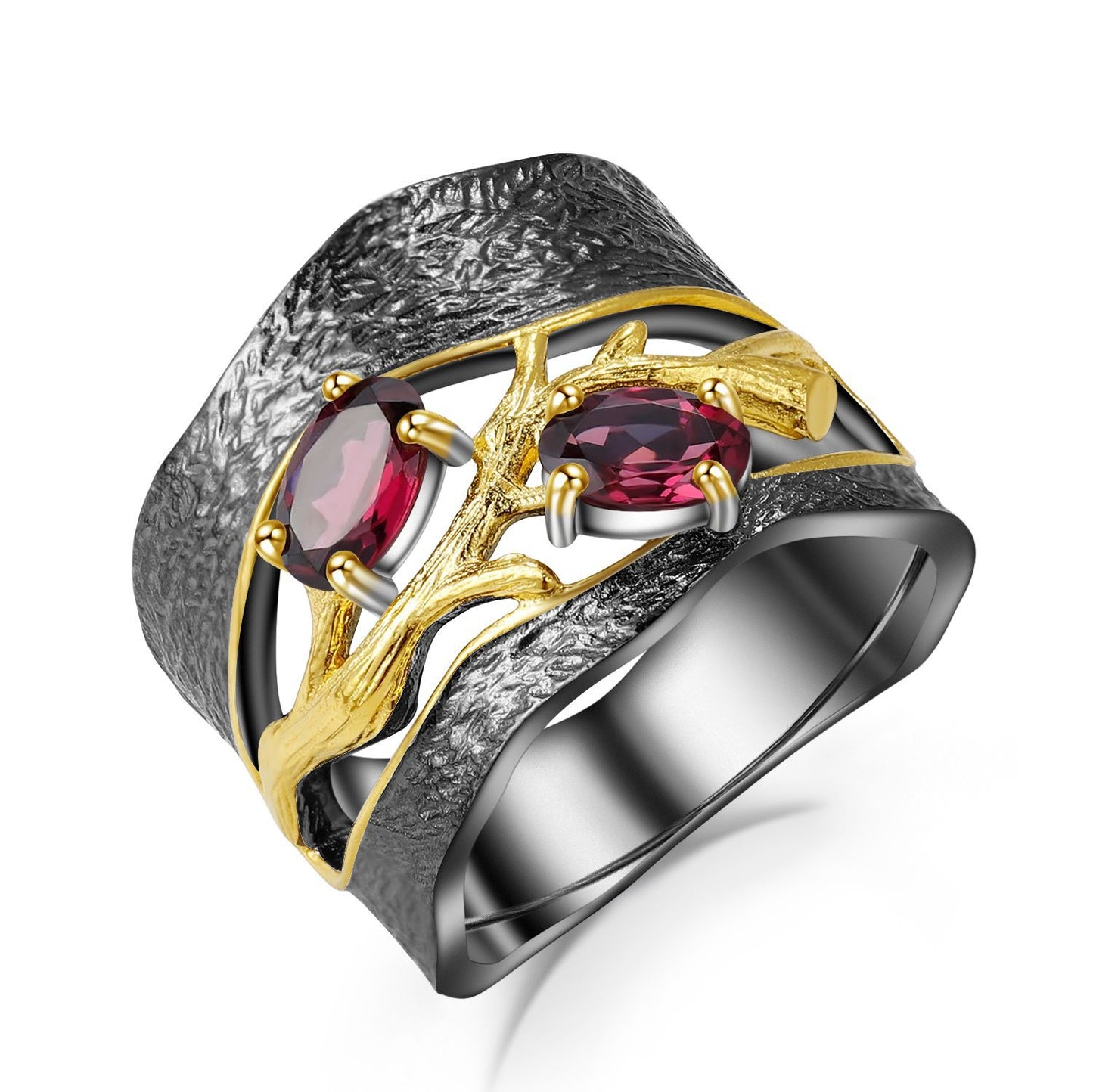 Secret Garden High-End Designer Ring Cracked Tree Branch s925Sterling Silver Inlaid Natural Gemstone Ring