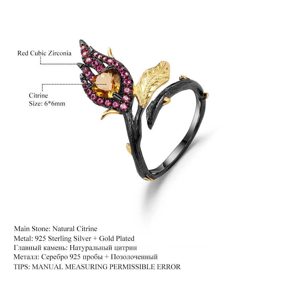 Designer High-End Floral Adjustable Ring Natural Style Design s925Silver Natural Yellow Crystal Ring