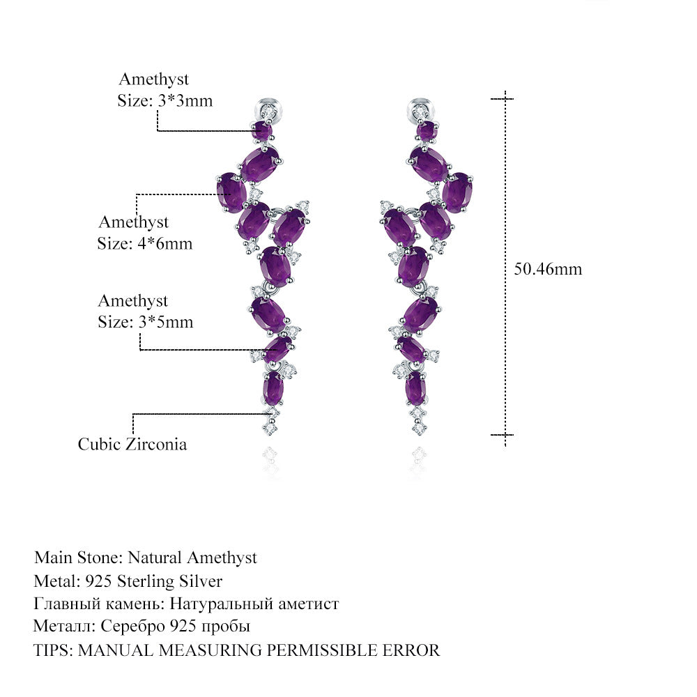 Designer High-End Long Gemstone Earrings French Romantic Style s925Silver Natural Amethyst Stud Earrings