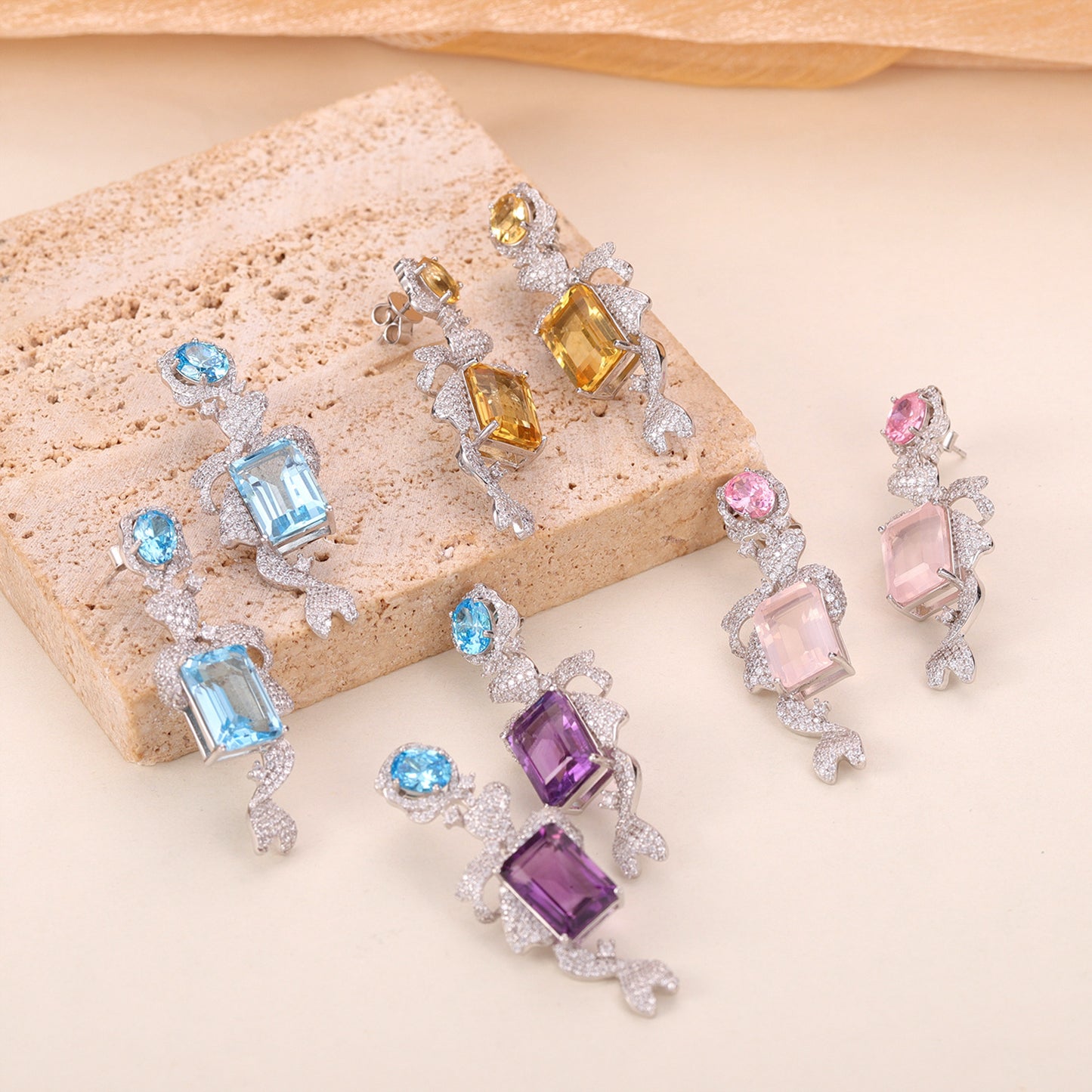 Unique Design Natural Topaz Earrings s925Sterling Silver Inlaid Purple Yellow Pink Crystal Large Carat Gemstone Earrings