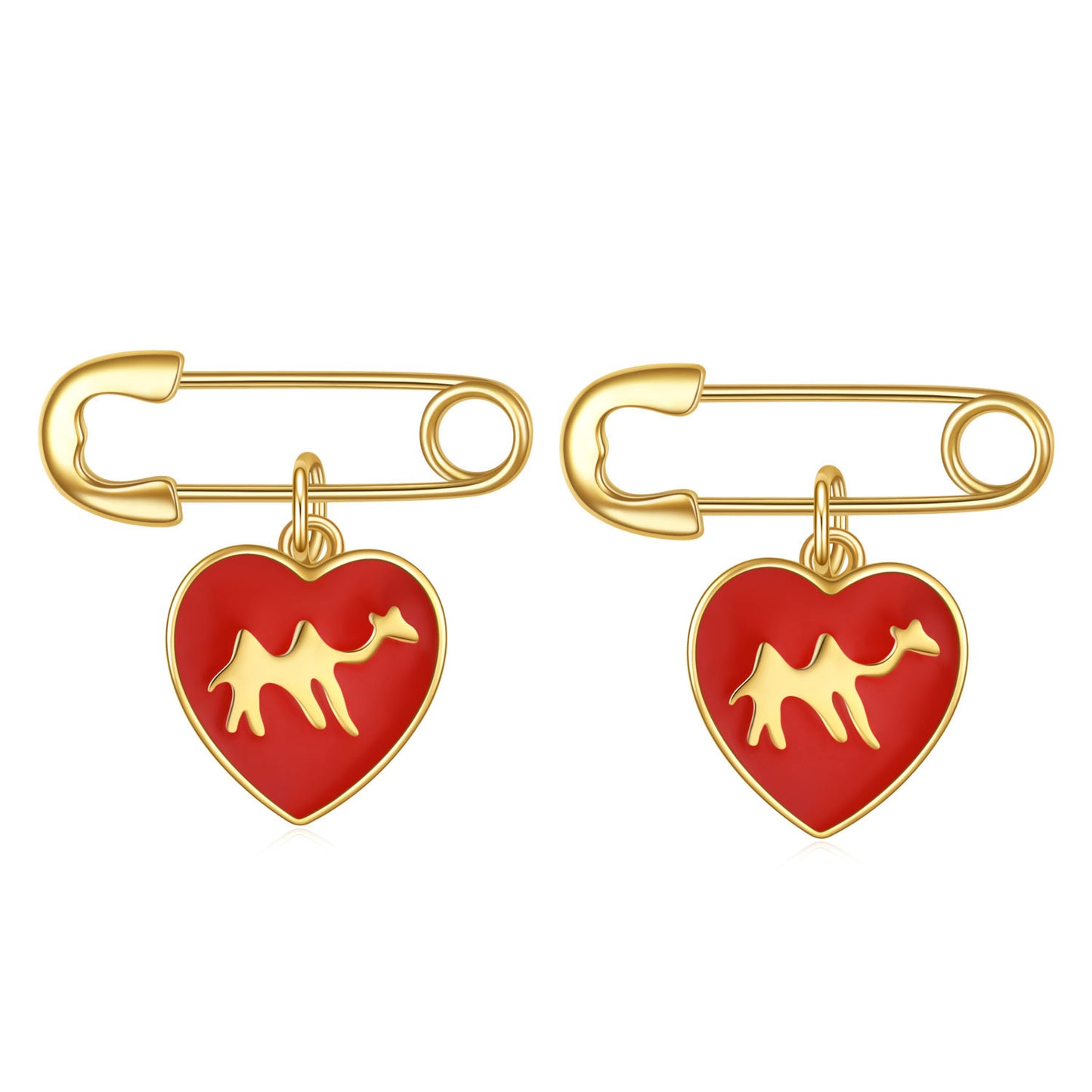 Red Enamel Camel Ring Earrings Bracelet with Safety Pin s925Sterling Silver Unique Personality Three-Piece Jewelry Set Heart Shape