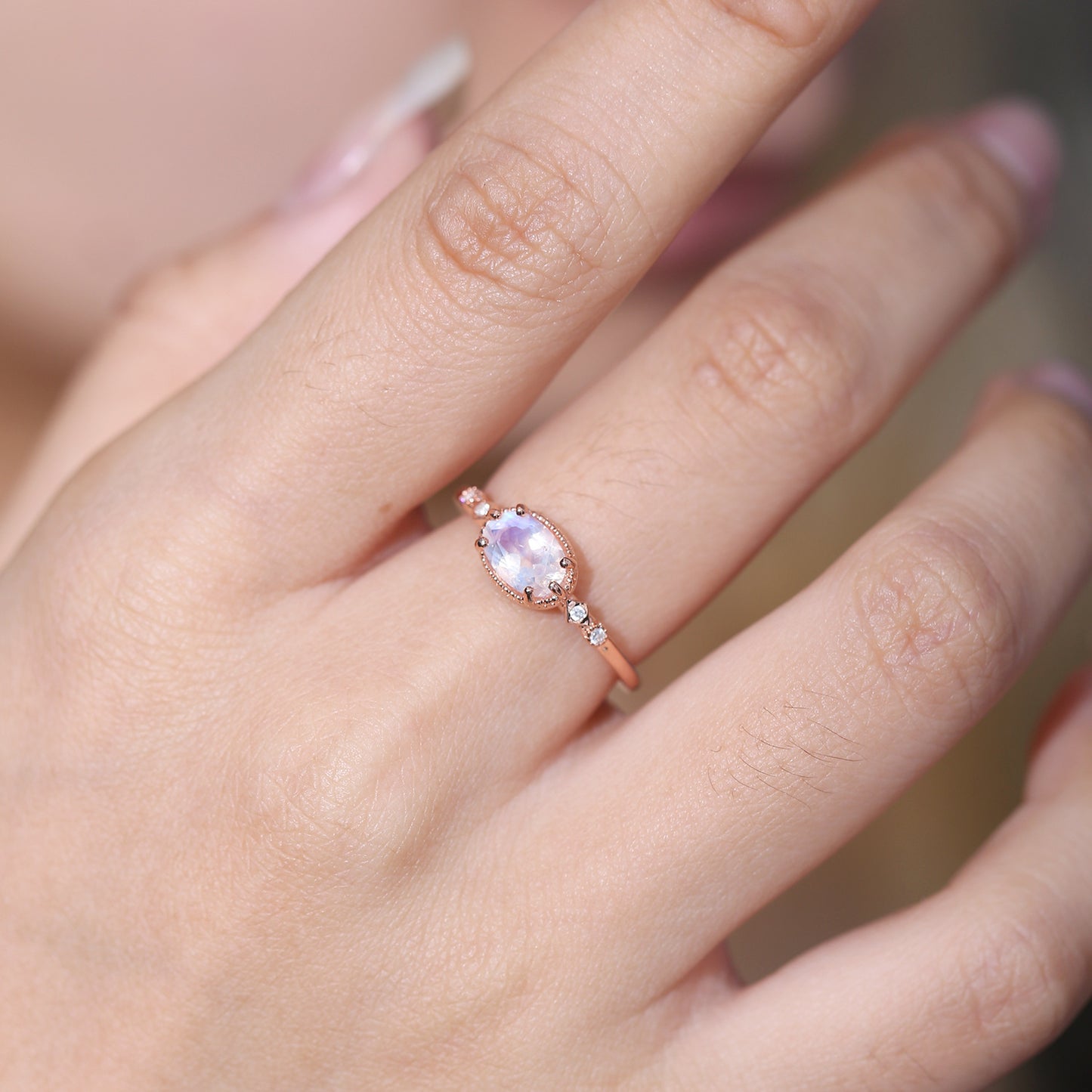 Jewelry S925Sterling Silver Inlaid Natural Moonstone Ring Fashionable and Elegant Light Luxury Rose Gold Ring