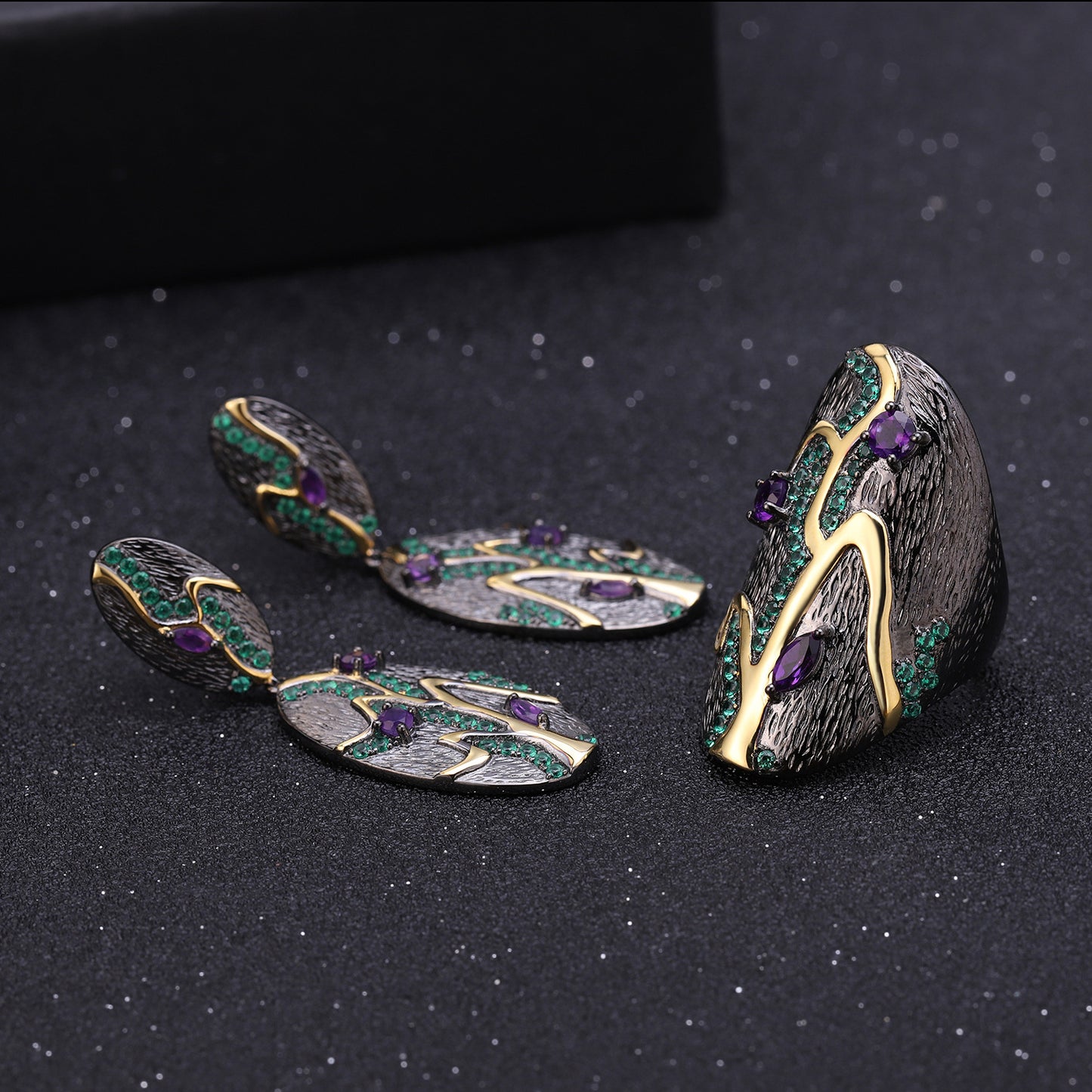 Italian Craft Vintage Jewelry Designer Ring Georgia s925Silver Inlaid Natural Gemstone Ring