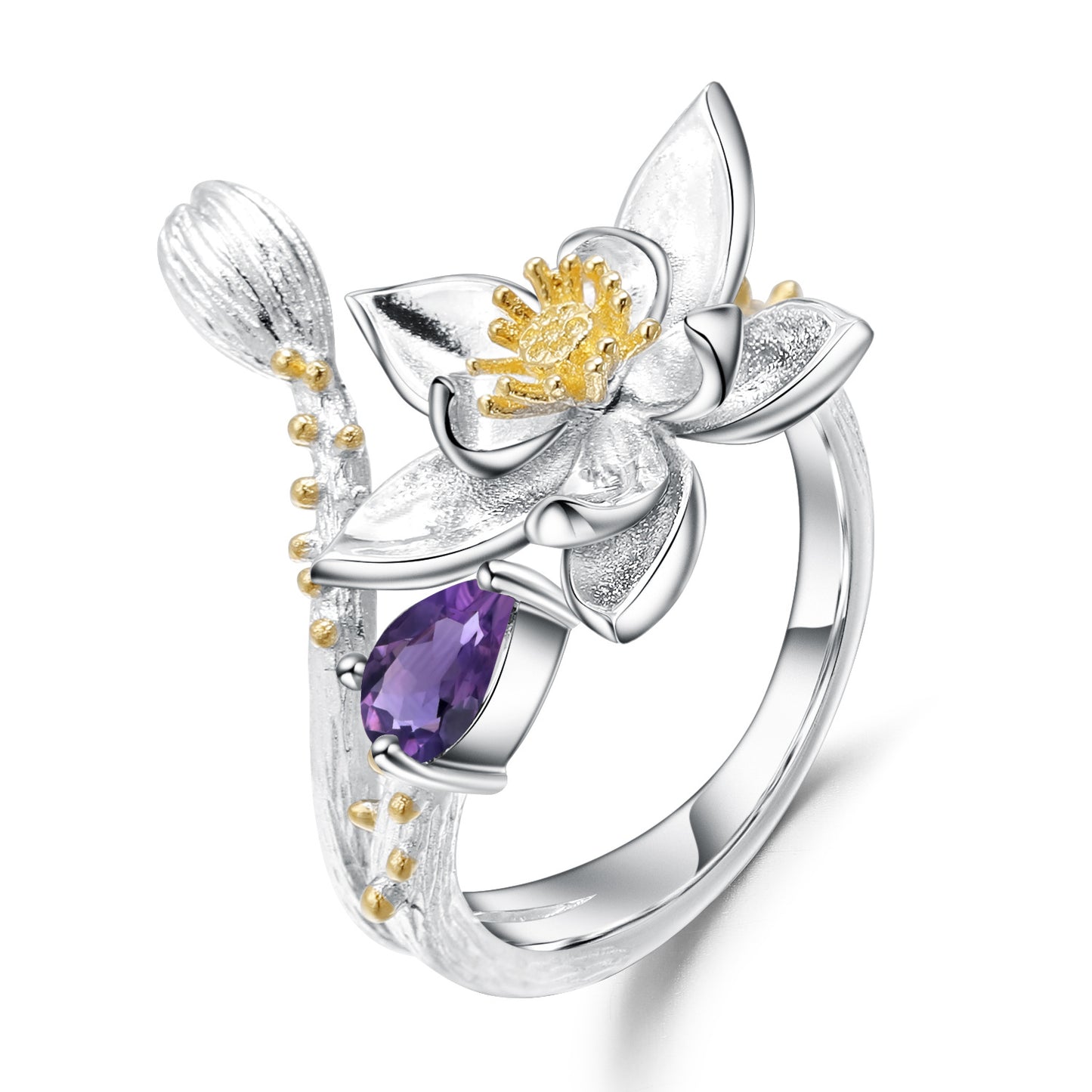 Designer Gemstone Inlaid Open Ring Natural Style Floral Design s925Silver natural gemstone ring