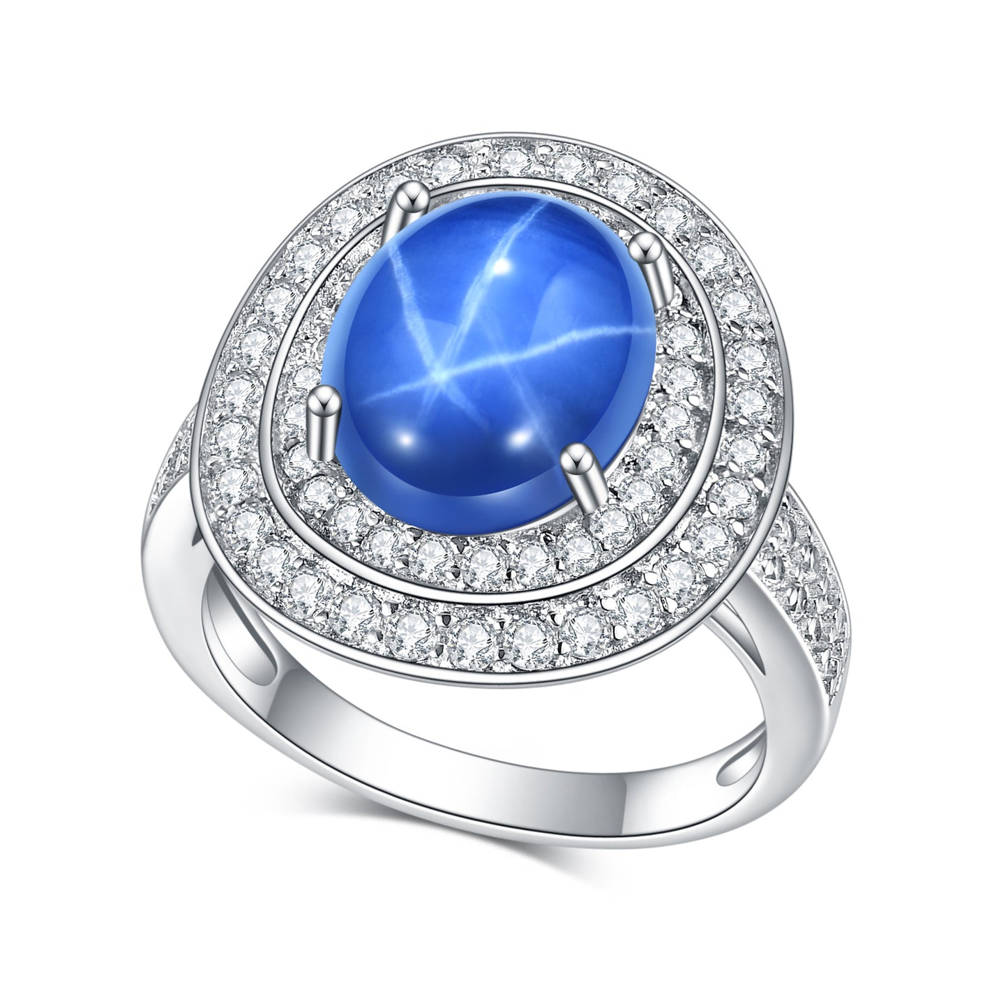 Luxurious Cultivated Star Sapphire Ring s925Sterling Silver Inlaid5Carat Large Gemstone Ring