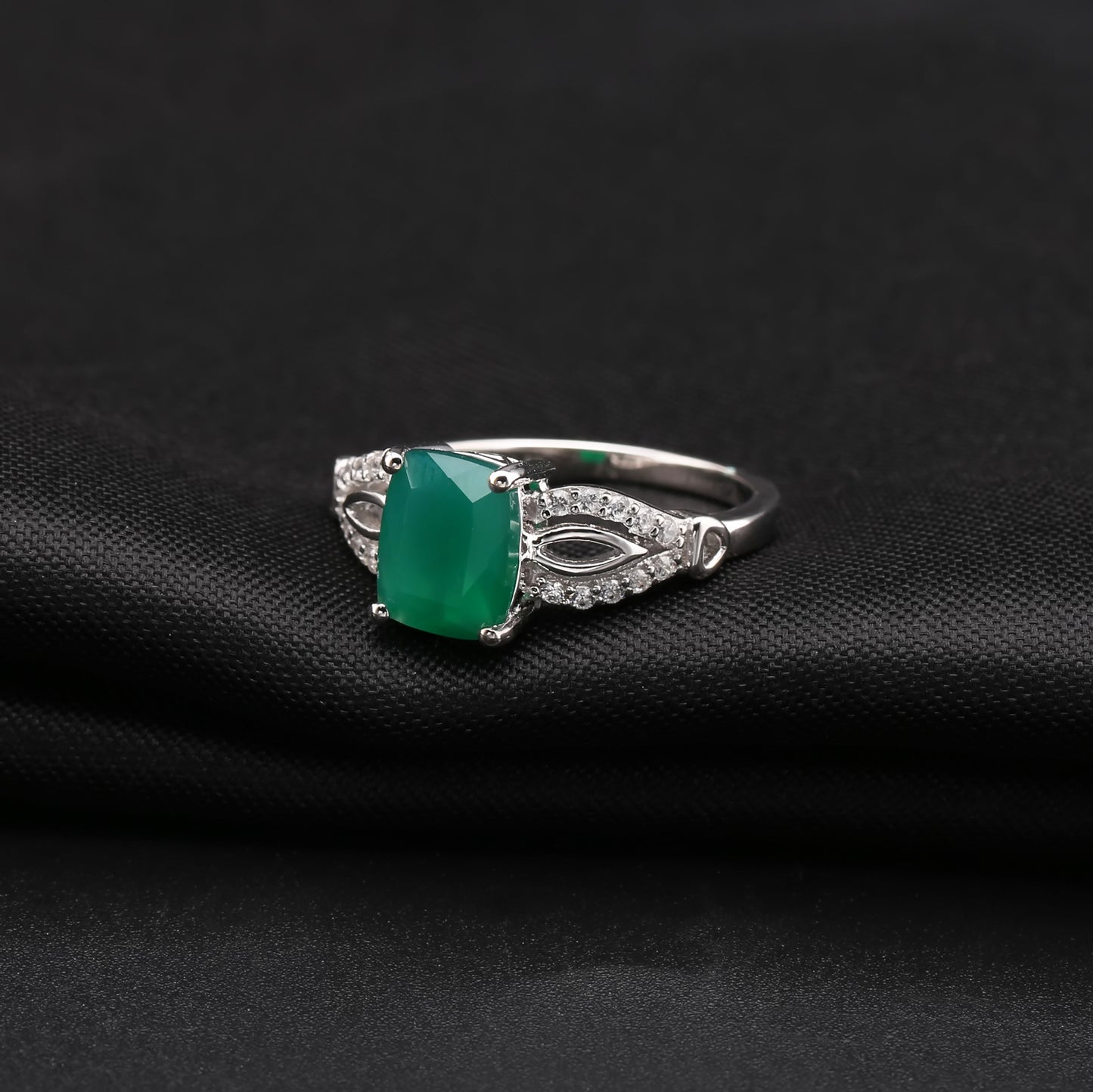 Fashionable Design Natural Gemstone Green Agate Ring Personality925Sterling Silver Square Gemstone Ring