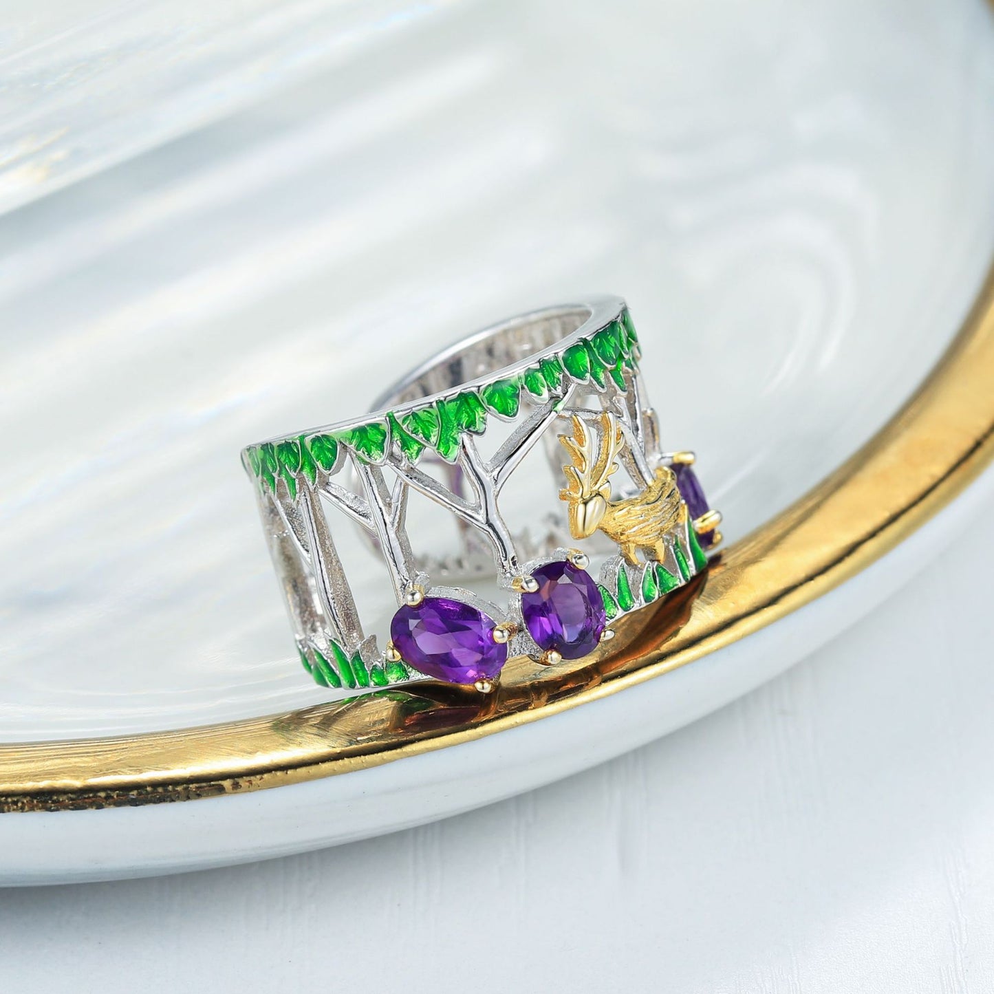 Natural Gemstone Original Design Ring for Women, Niche Hand Jewelry, Adjustable925Sterling Silver Deer Ring