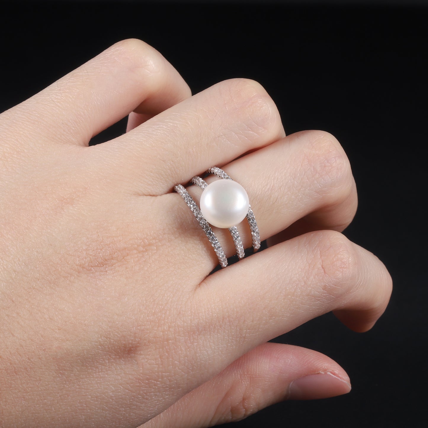 S925Sterling Silver Inlaid Natural Freshwater Pearl Ring Fashionable Light Luxury High-end Three-ring Set Ring