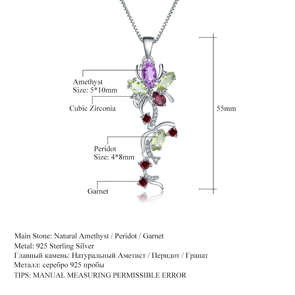 Original Jewelry Design Style Natural Gemstone Inlaid Necklace Wind925Sterling Silver Gemstone Necklace Pendant