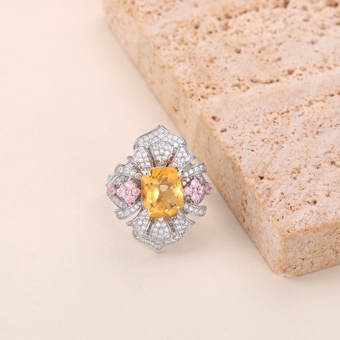 Statement Gemstone Ring with Large Carat Size s925Sterling Silver Natural Topaz Purple Yellow Crystal Ring Luxurious