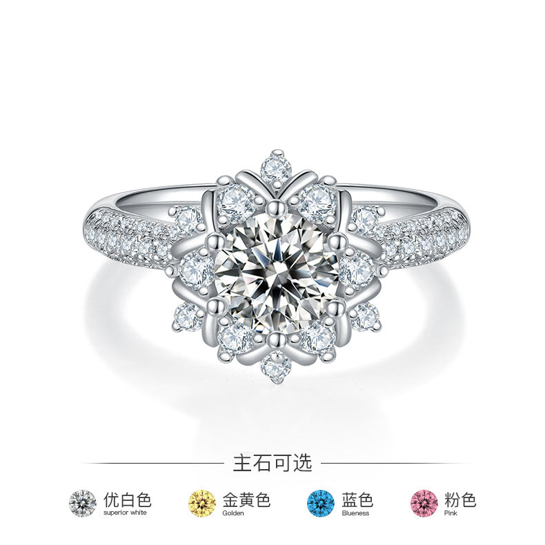 Luxurious Snowflake Moissanite Ring s925Sterling Silver Inlaid1Carat Moissanite Wedding Ring Round Ring for Women