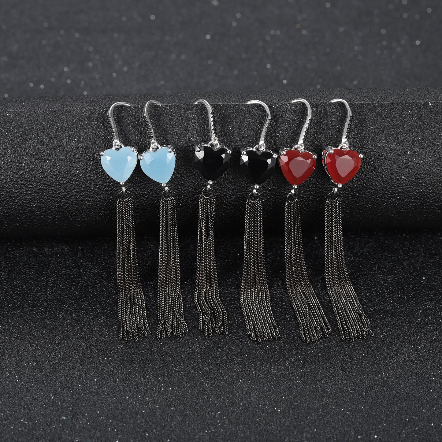 Designer Natural Gemstone Heart Tassel Earrings Sophisticated Design s925Silver and Black Onyx Earrings