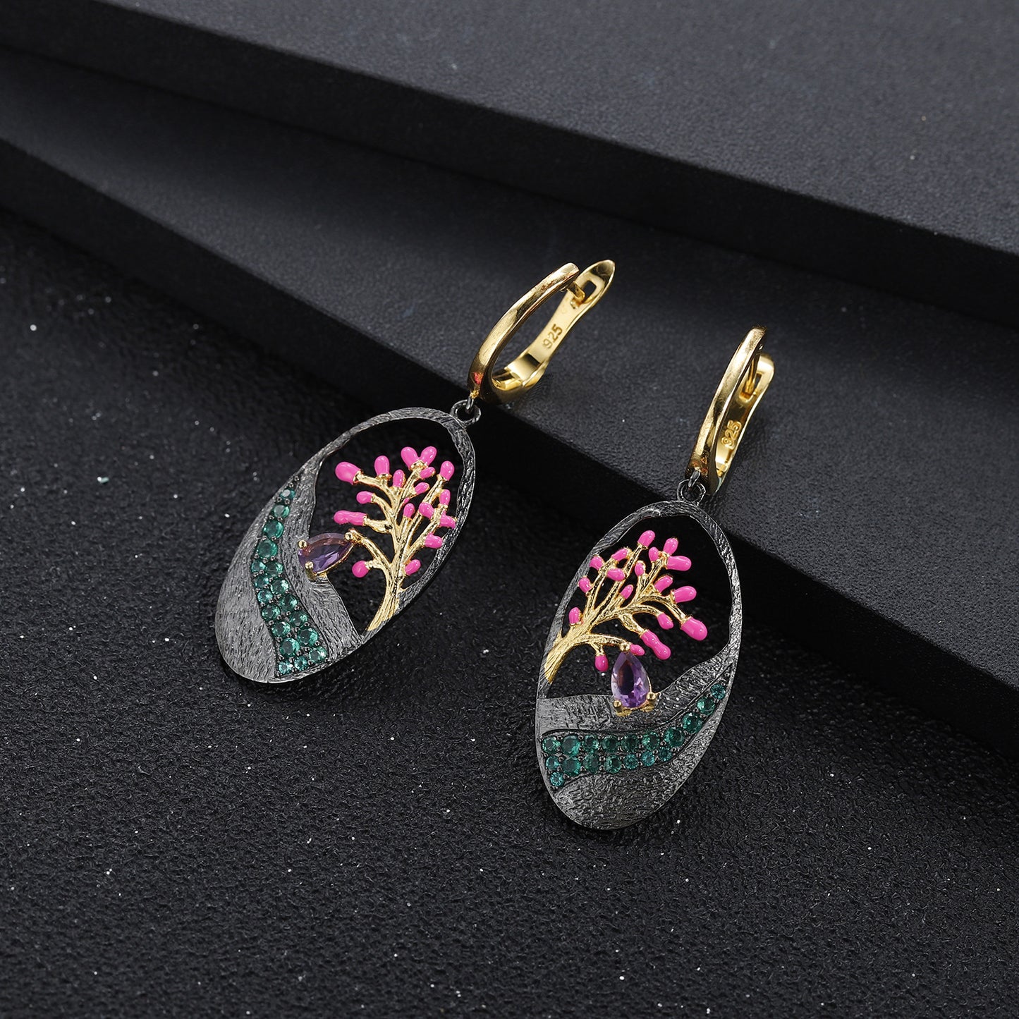 Italian Craft Designer Earrings Natural Style Tree of Life Design s925Sterling Silver Enamel Earrings