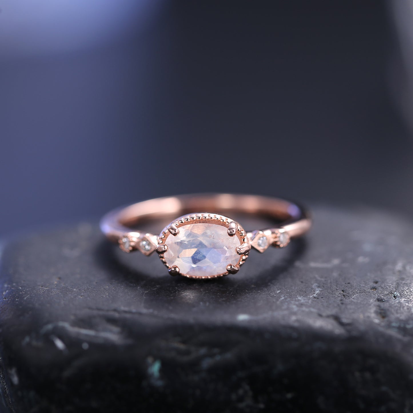 Jewelry S925Sterling Silver Inlaid Natural Moonstone Ring Fashionable and Elegant Light Luxury Rose Gold Ring