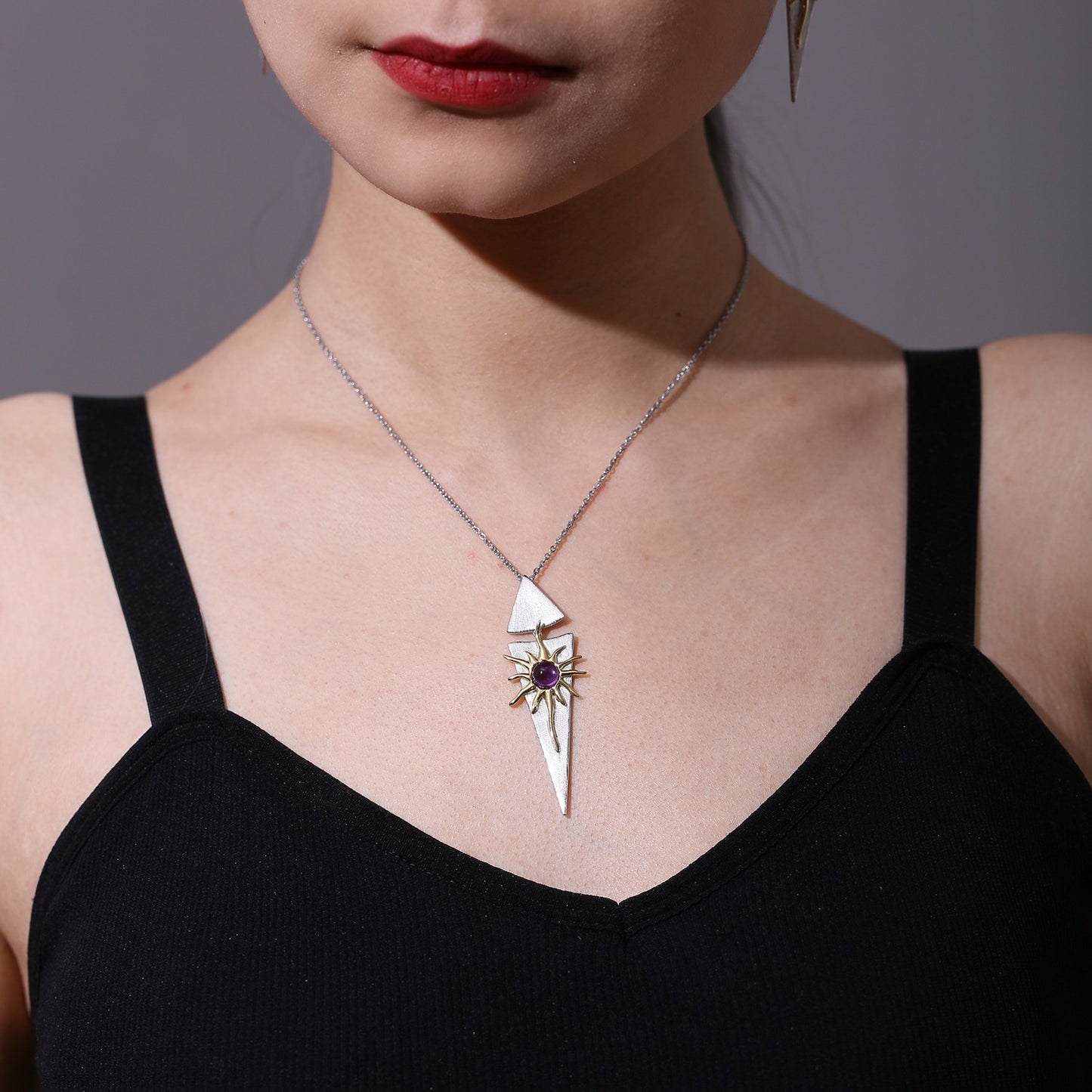 Designer Natural Amethyst Topaz Pendant925Sterling Silver Sun Goddess Necklace Niche Design Sense Jewelry