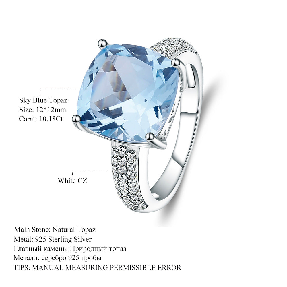 fashion luxury natural topaz ring big gem10ct Personality s925Silver Inlaid Natural Gemstone Ring