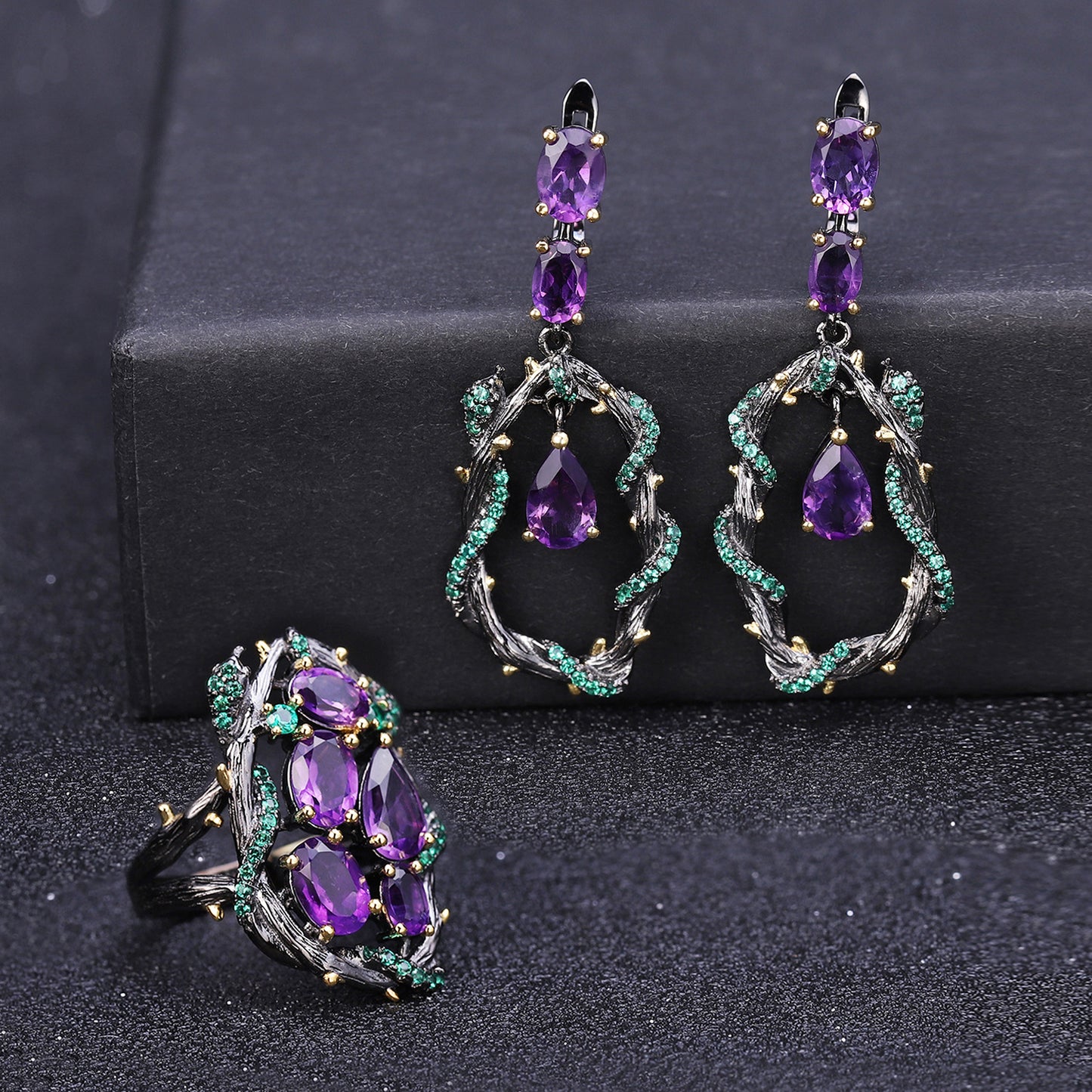 Italian Craft Designer Natural Amethyst Earrings Natural Vine Design925Silver Earrings and Ear Studs