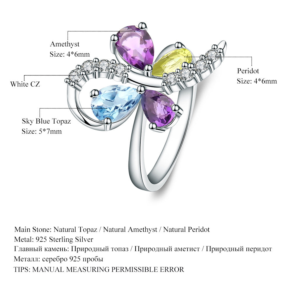 Luxurious High-End Natural Gemstone Ring Unique Design Sense s925Sterling Silver Inlaid Natural Gemstone Ring