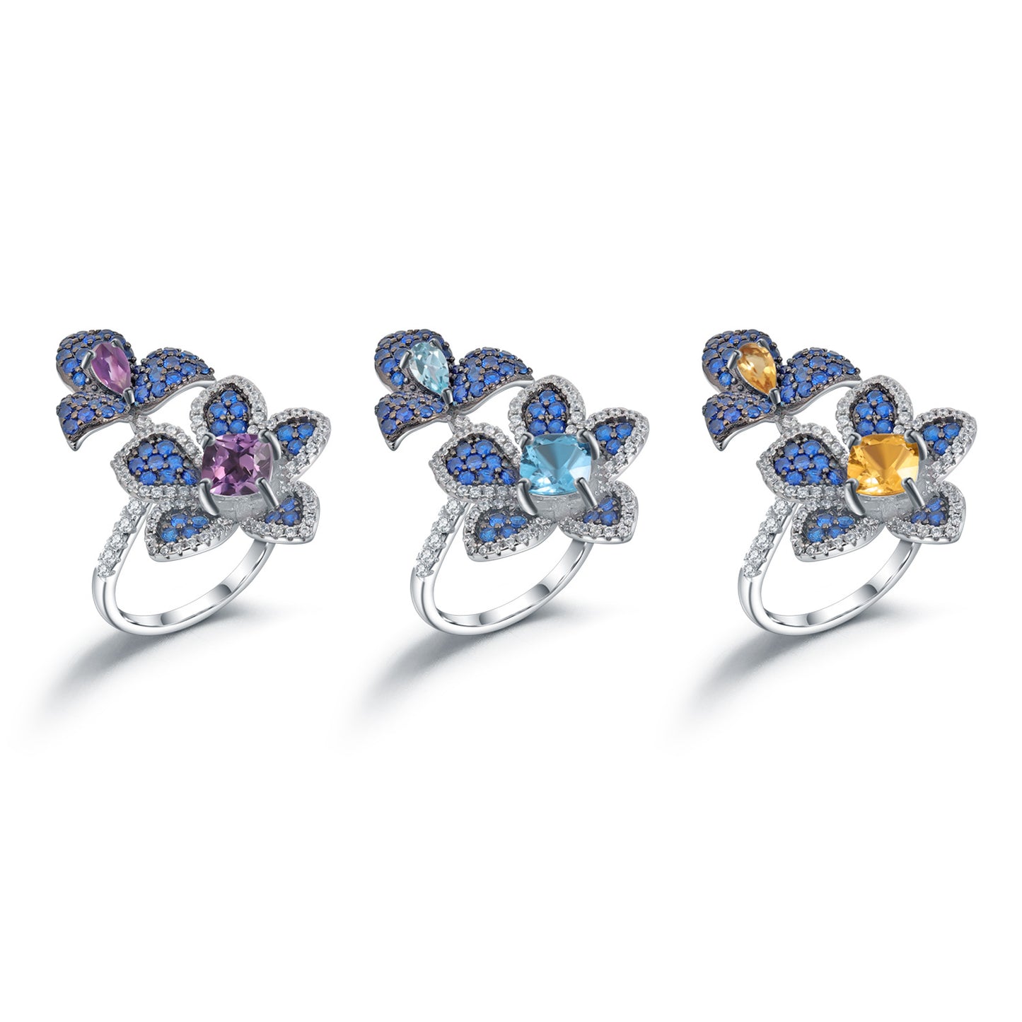 Designer Natural Yellow Crystal Ring Natural Style Series Floral Design s925Silver Inlaid Gemstone Ring