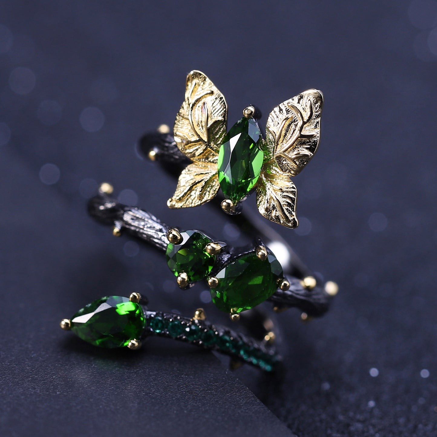 Secret Garden Series Original Design Ring Natural Style Butterfly925Sterling Silver Natural Diopside Ring