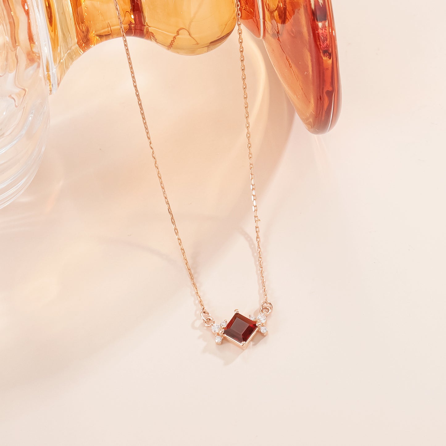 Korean Style Fresh Rhombus Gemstone Necklace Enhances Fairness s925Sterling Silver Plated18k Rose Gold Natural Garnet Necklace