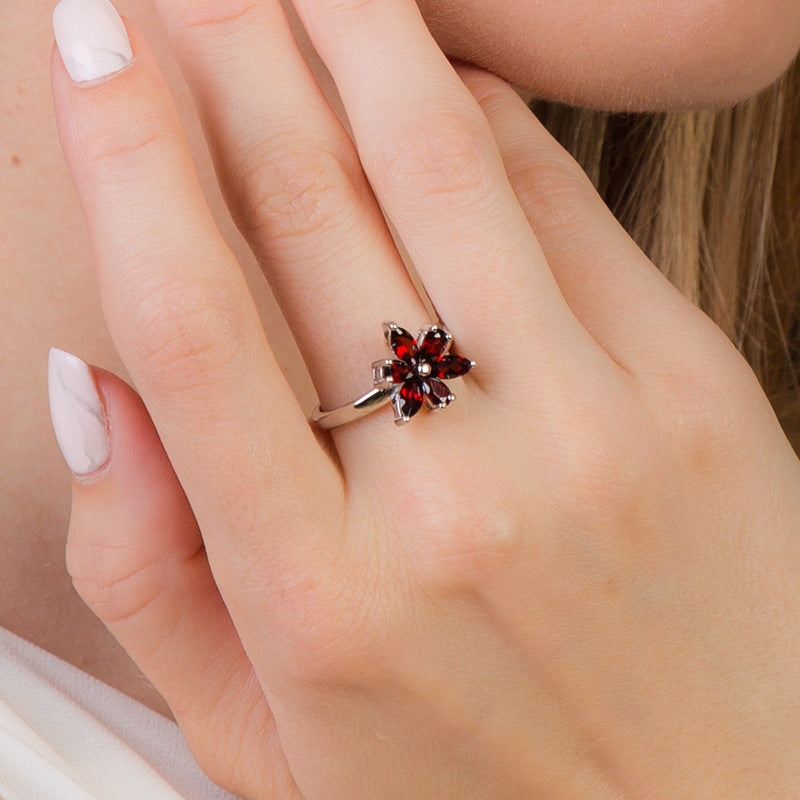Flower Gemstone Ring for Women s925Sterling Silver Inlaid Natural Garnet Ring Sweet Style Silver Jewelry Wholesale In Stock