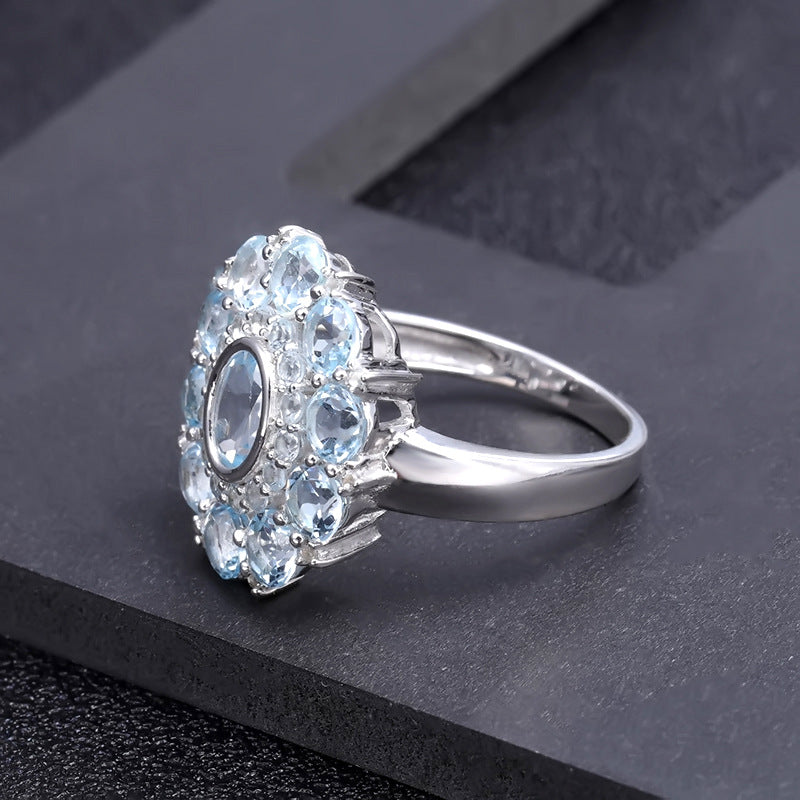 Luxurious Natural Topaz Ring with Floral Design s925Silver Inlaid Sky Blue Gemstone Ring