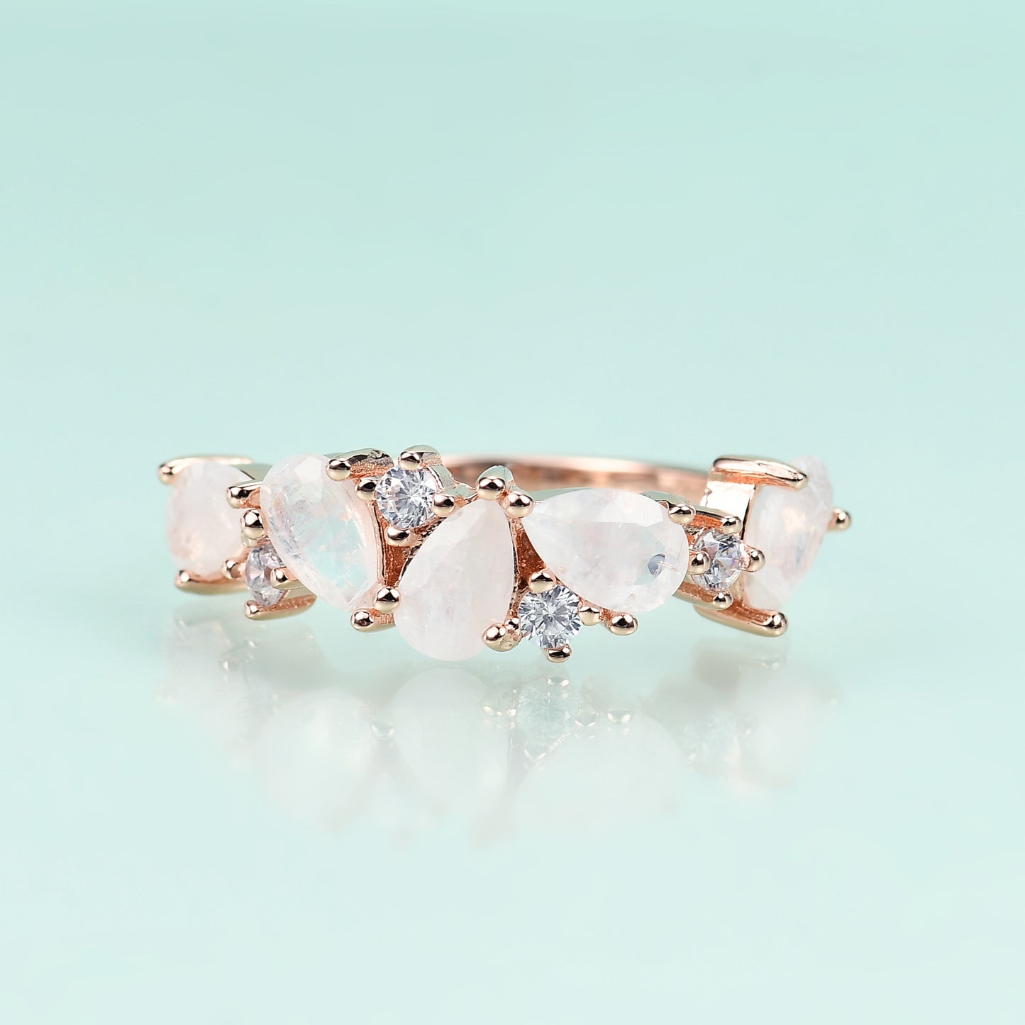 S925Sterling Silver Inlaid Natural Moonstone Ring High-end Elegant Light Luxury Colorful Gemstone Rose Gold Ring