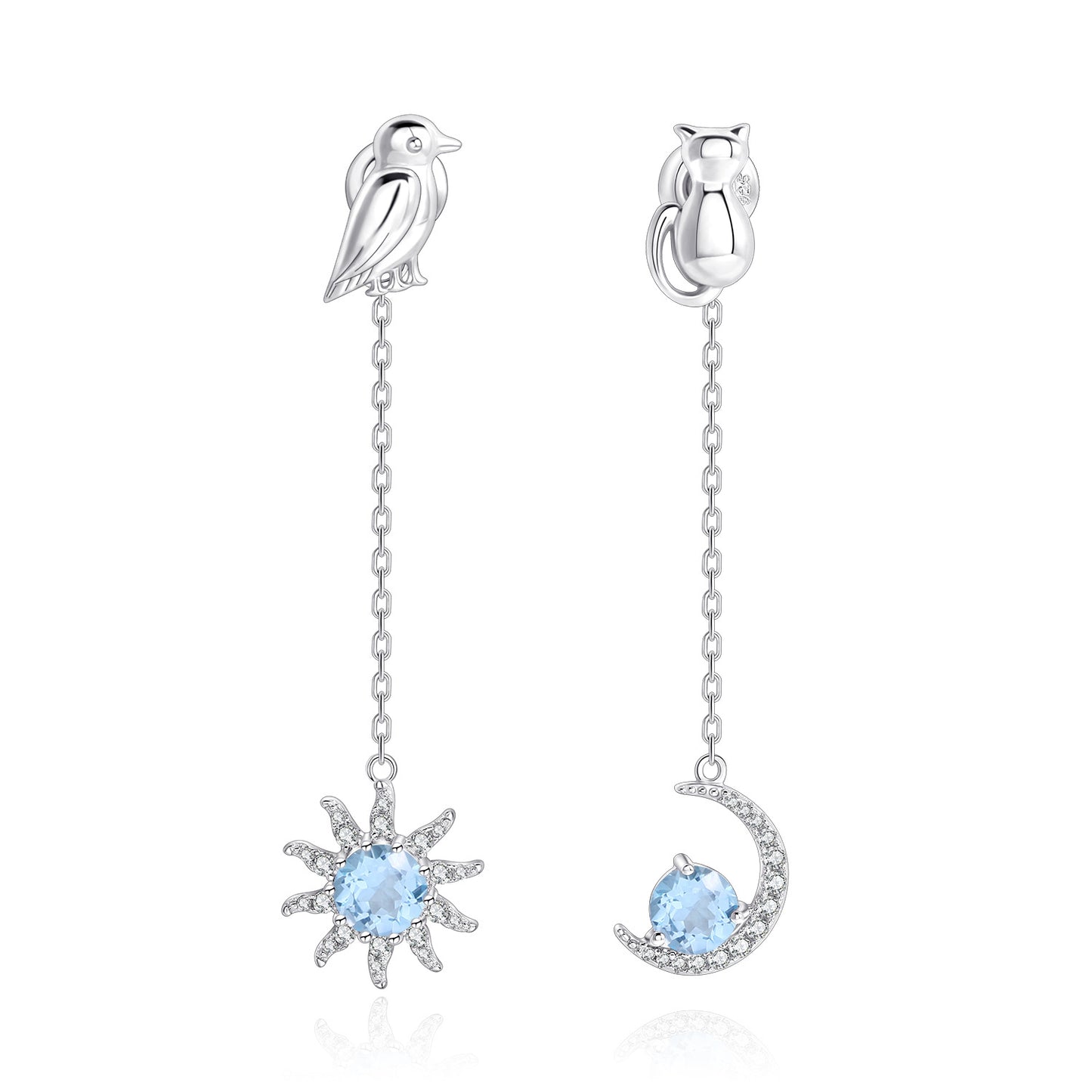 Fashion Sun and Moon Natural Gemstone Earrings Crystal Garnet Topaz S925Sterling Silver Long Gemstone Earrings