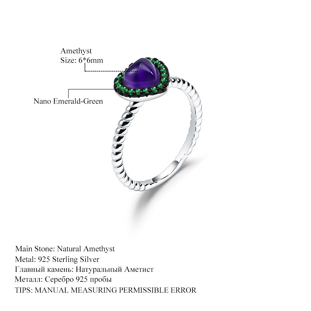 Luxurious and Unique Natural Amethyst Heart Ring Fashion Design s925Sterling Silver Inlaid Gemstone Ring