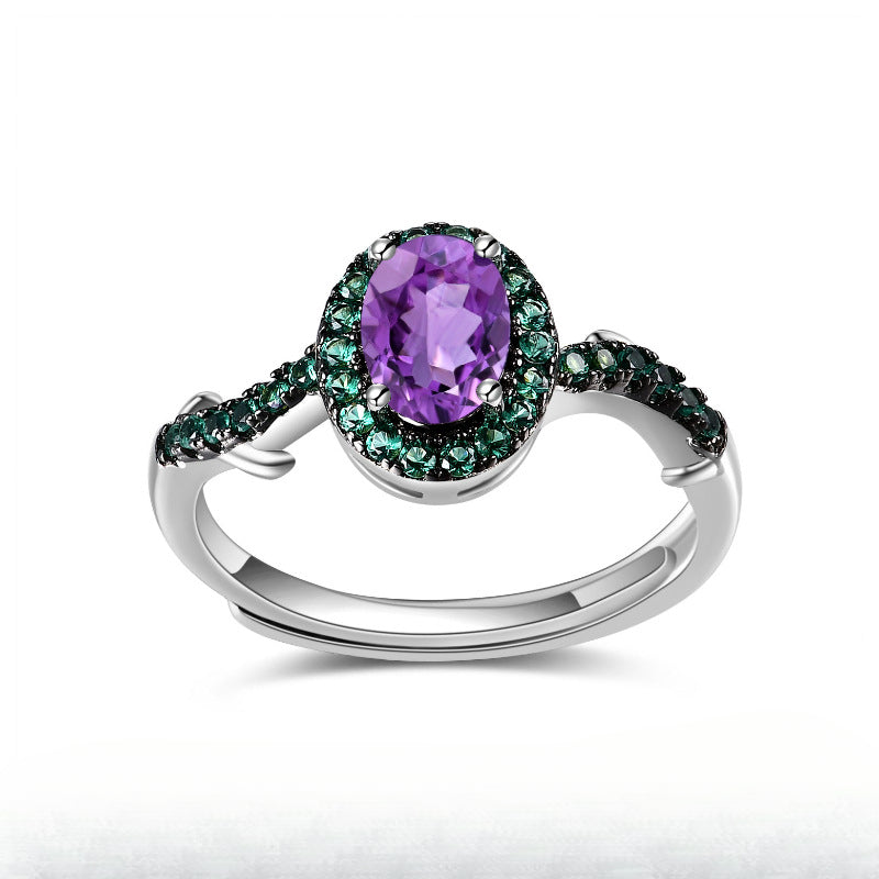 Thorn Bud Designer Adjustable Open Ring s925Silver Inlaid Natural Gemstone Amethyst Ring