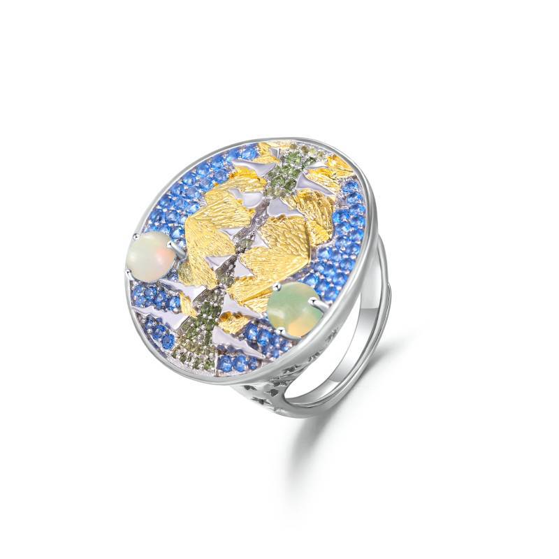 S925Sterling Silver High-End Jewelry for Men and Women, Love of Mountains and Rivers Ring, African Opal Topaz Adjustable Ring