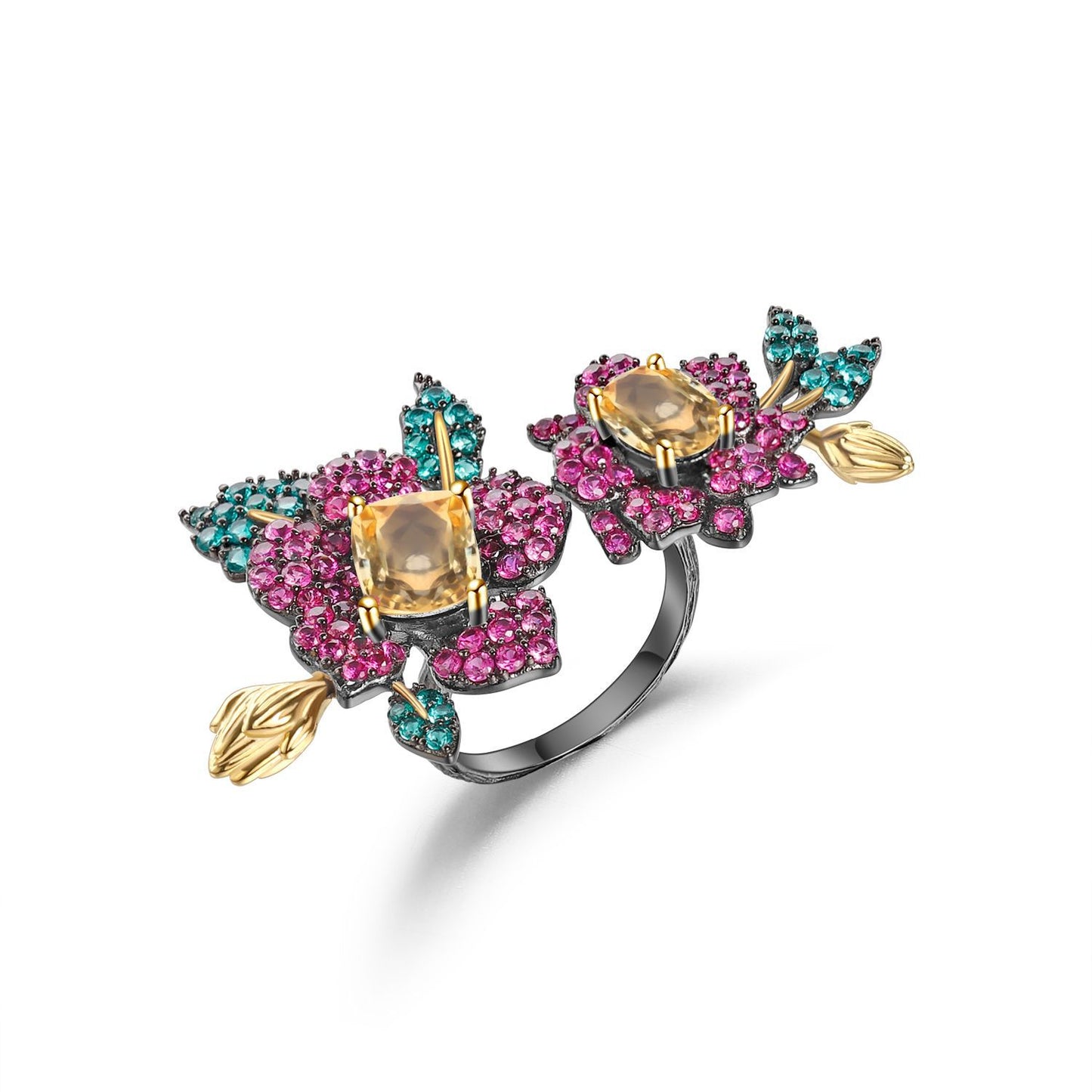 Designer Gemstone Ring Adjustable Natural Style Floral High-End Feel s925Silver Natural Yellow Crystal Ring